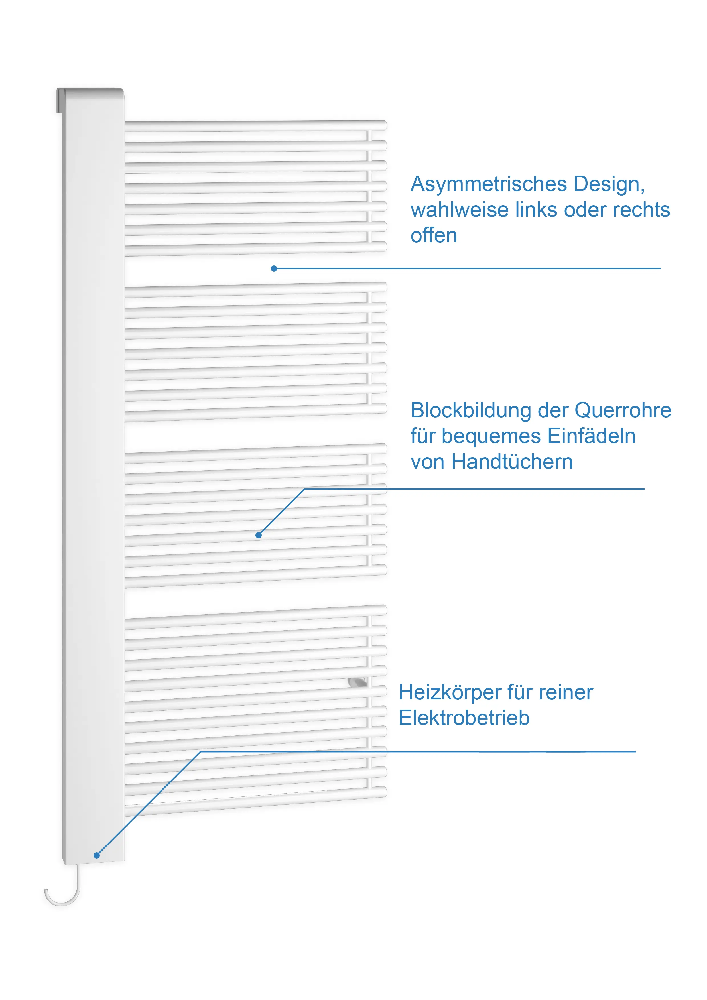 Vertikaler Kermi-Heizkörper mit asymmetrischem Design und Querrohren zum Einfädeln von Handtüchern. Elektroheizkörper, ausgeführt in Weiß.